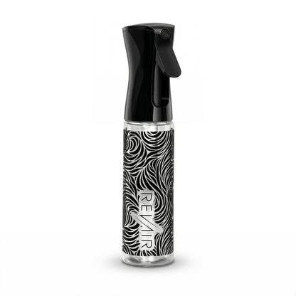 Black spray bottle with a patterned design on a white background