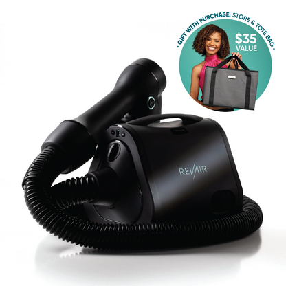 RevAir Reverse-Air hair dryer, shown with badge: $35 value gift with purchase store and tote bag included