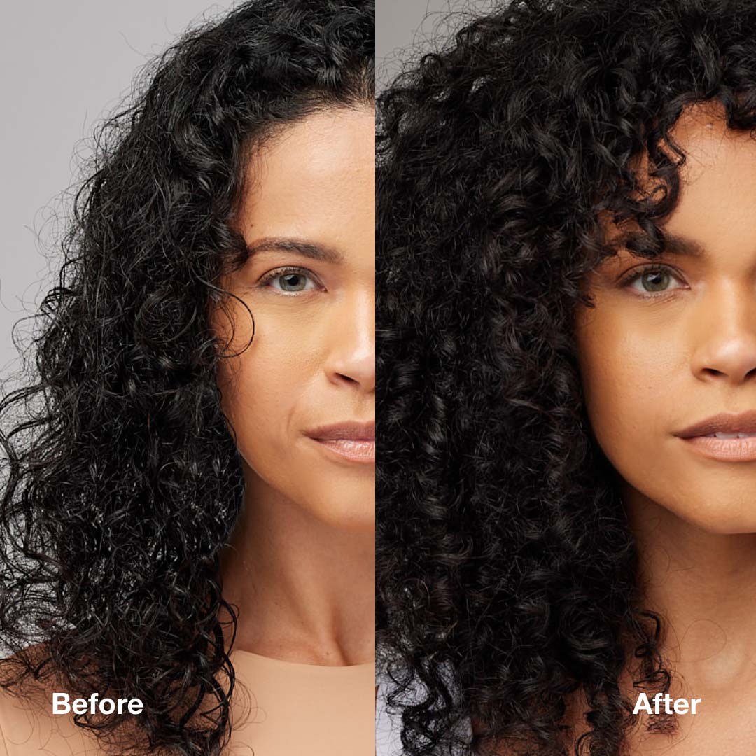 Before and after of woman with dark curly hair, with after image showing fuller, more defined ringlets 