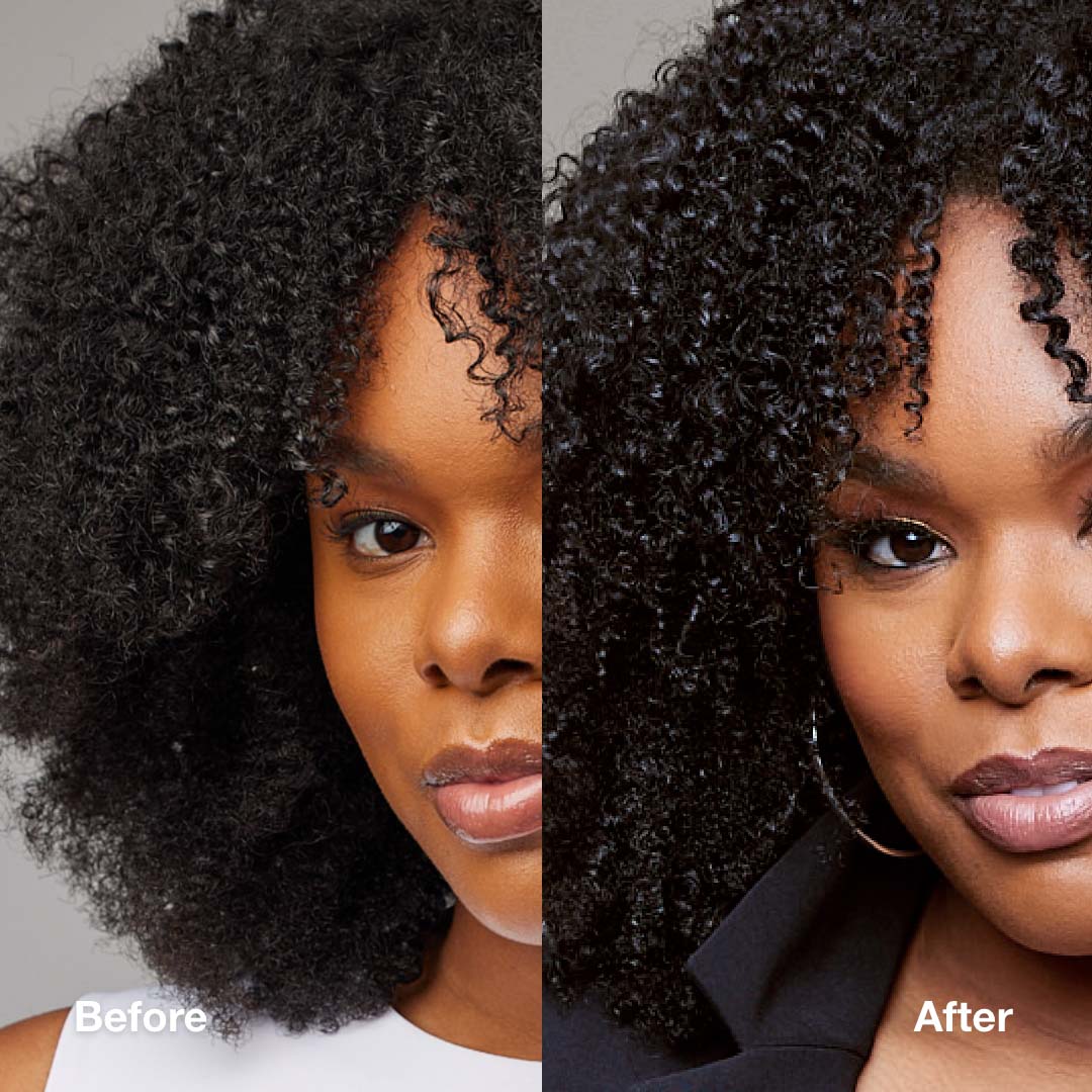 Before and after of woman with tight coily hair, with after image showing glistening shine and hydration