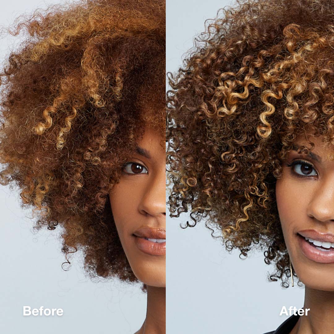 Before and after of woman with coily hair, with after image showing tamed frizz and more pronounced highlights