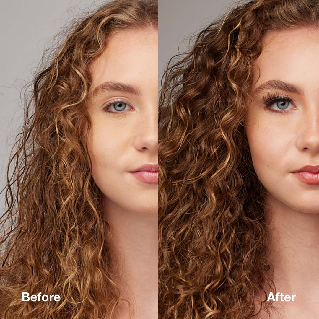 Before and after of woman with loose curly reddish hair, with after image showing fuller but more controlled style