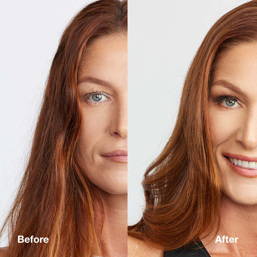 Before and after of woman with slightly wavy red hair, with after showing fuller, more sleekly styled hair