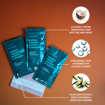 RevAir Deluxe 3-Piece Sample Packettes with coconut water, hyaluronic acid, and olive leaf extract