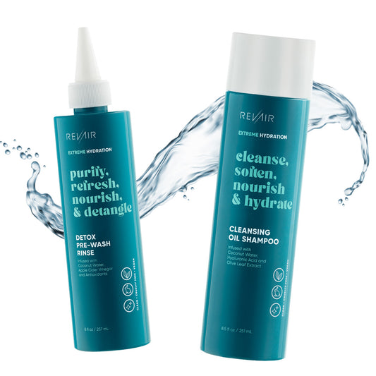 Detox Pre-wash rinse product bottle plus cleansing oil shampoo bottle with a splash of liquid behind both