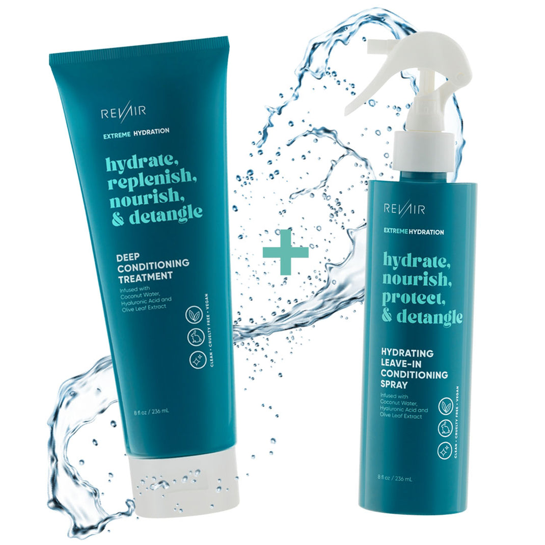 Deep Conditioning Treatment product bottle plus Hydrating Leave-In Conditioning Spray bottle with a splash of liquid behind both