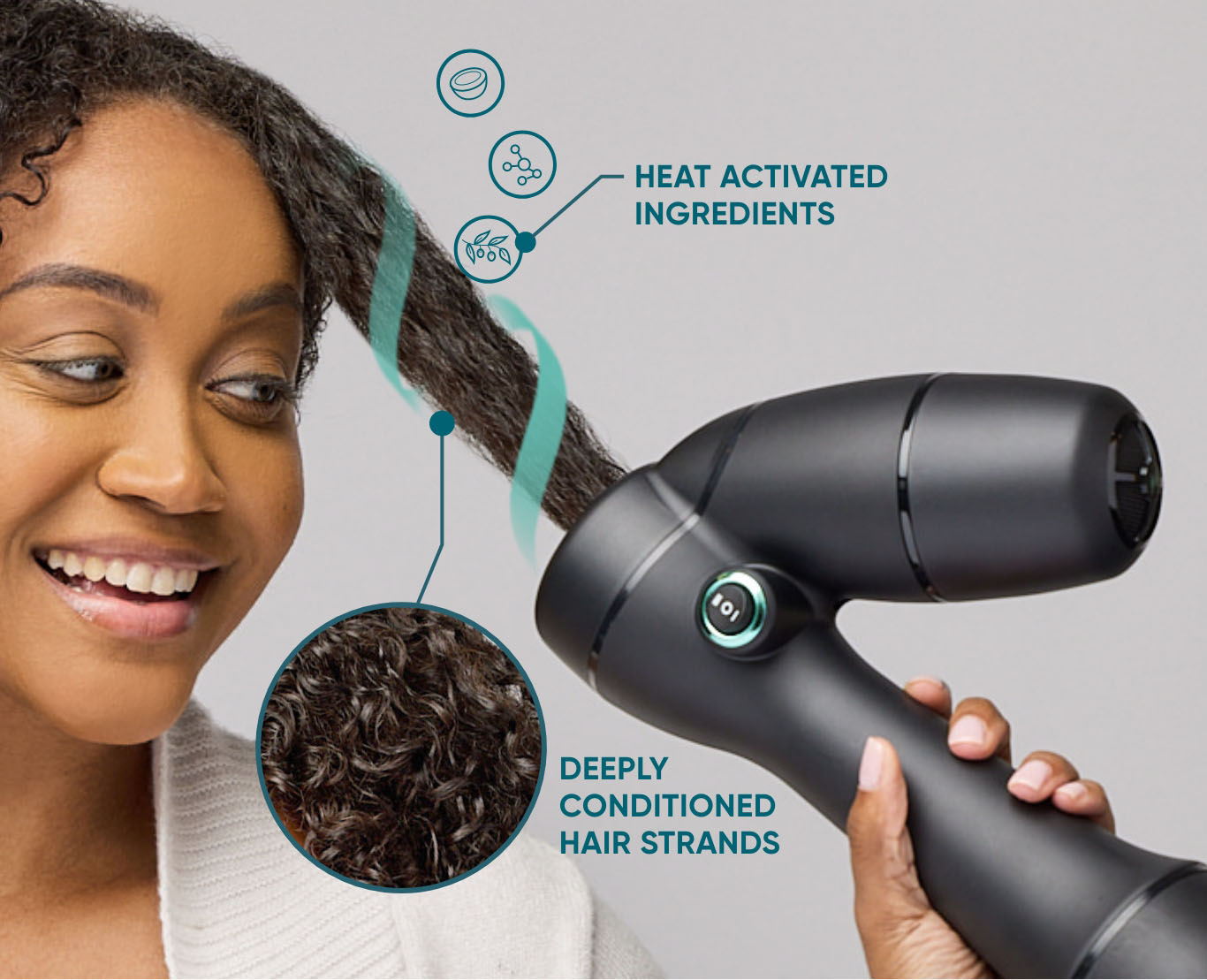 Woman using RevAir device as closeup of hair shows deeply conditioned hair strands, and icons represent heat-activated ingredients