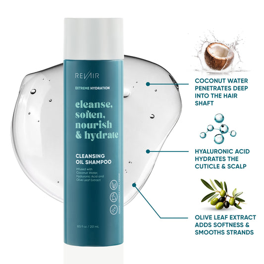 Cleanse, soften, nourish, and hydrate - RevAir cleansing oil shampoo - Coconut water penetrates deep into the hair shaft, hyaluronic acid hydrates the cuticle and scalp, olive leaf extract adds softness and smooths strands