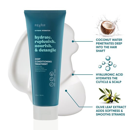 Deep Conditioning Treatment - RevAir Extreme Hydration - Coconut water penetrates deep into the hair shaft, hyaluronic acid hydrates the cuticle and scalp, olive leaf extract adds softness and smooths strands
