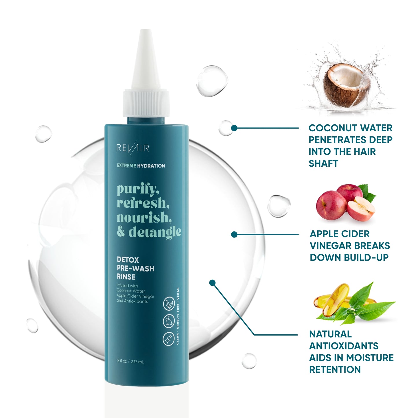 Detox pre-wash rinse - RevAir extreme hydration - purify, refresh, nourish, and detangle - coconut water penetrates deep into the hair shaft, apple cider vinegar breaks down build-up, and natural antioxidants aid in moisture retention