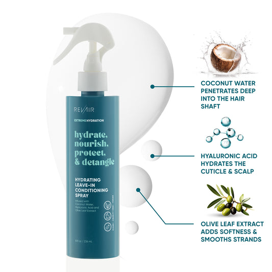 Hydrating Leave-in conditioning spray - RevAir Extreme Hydration - Coconut water penetrates deep into the hair shaft, hyaluronic acid hydrates the cuticle and scalp, olive leaf extract adds softness and smooths strands