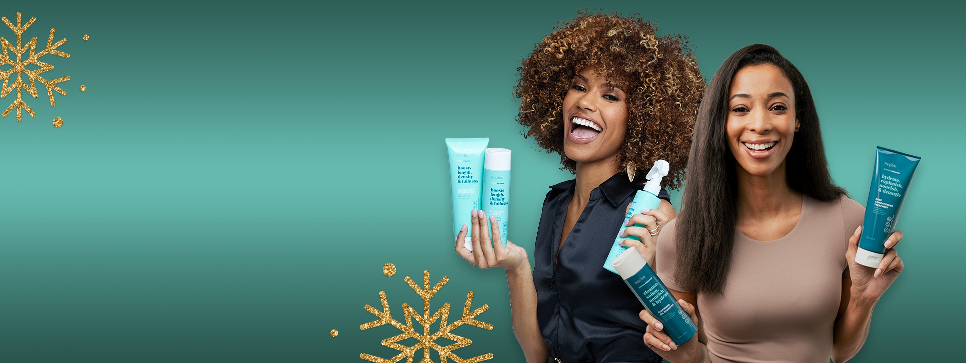 Two smiling women holding hair care products against a teal background with gold snowflakes
