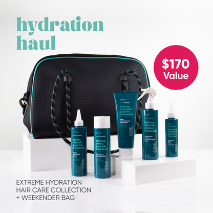 hydration haul image with weekender bag and extreme hydration collection products - $170 value