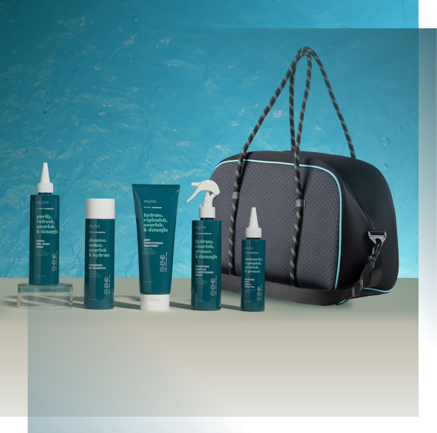 Weekender bag with 5 hydration haul products including detox pre-wash, cleansing oil shampoo, conditioning treatment, leave-in conditioner, and moisture-rich scalp oil