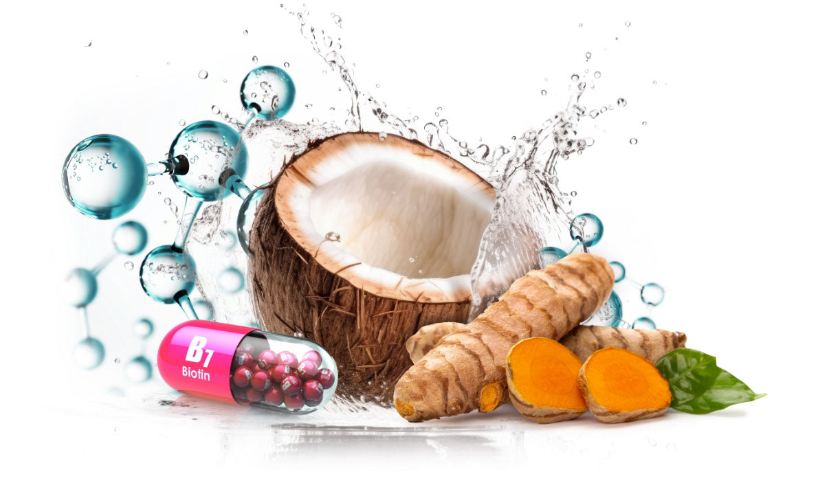 Group of RevAir product ingredients showing open coconut, sliced turmeric roots, and capsule labeled B7 Biotin, all with a splash of liquid behind them