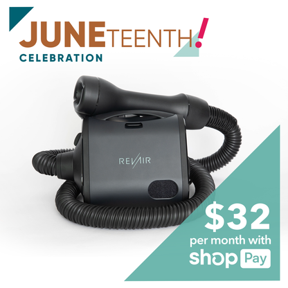 RevAir product with Juneeteenth celebration text and shopPay financing offer on a white background