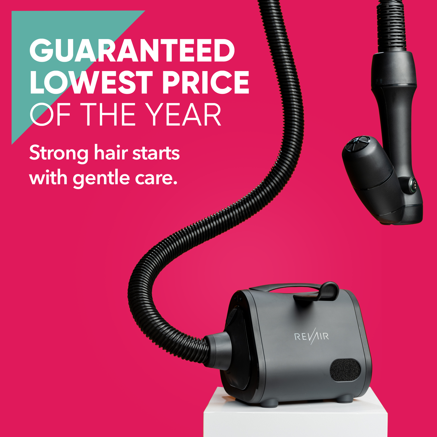 Hair dryer with attachments on a pink background with text about guaranteed lowest price and hair care.