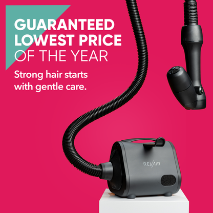Hair dryer with attachments on a pink background with text about guaranteed lowest price and hair care.