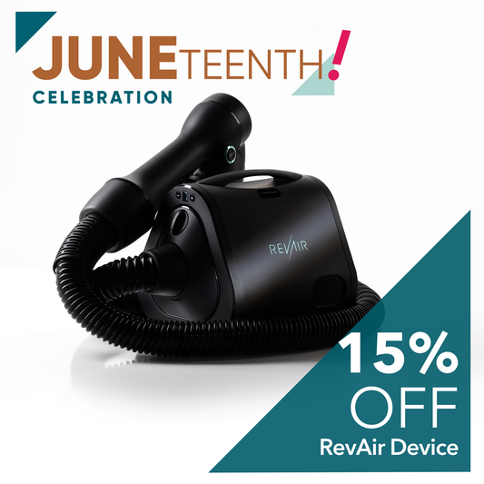 RevAir device with Juneteenth celebration text and 15% off offer on a white background