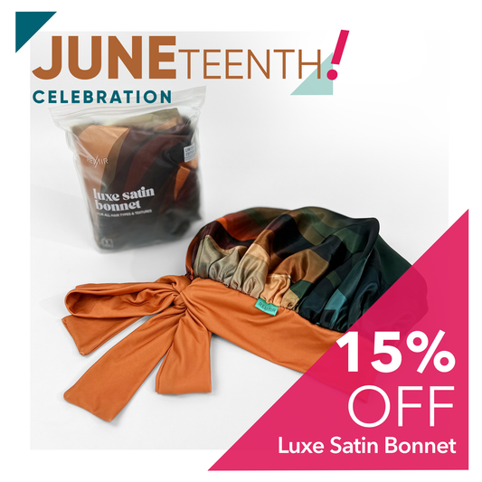 Luxe satin bonnet with 'June Teenth!' celebration text and 15% off discount on a white background.