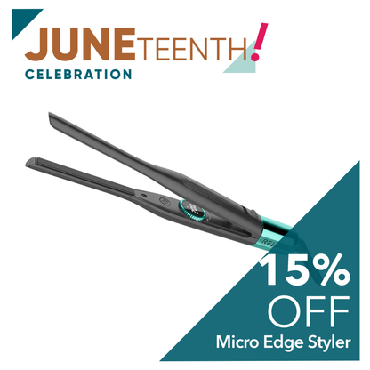 Hair straightener with Juneteenth celebration text and 15% off offer on a white background