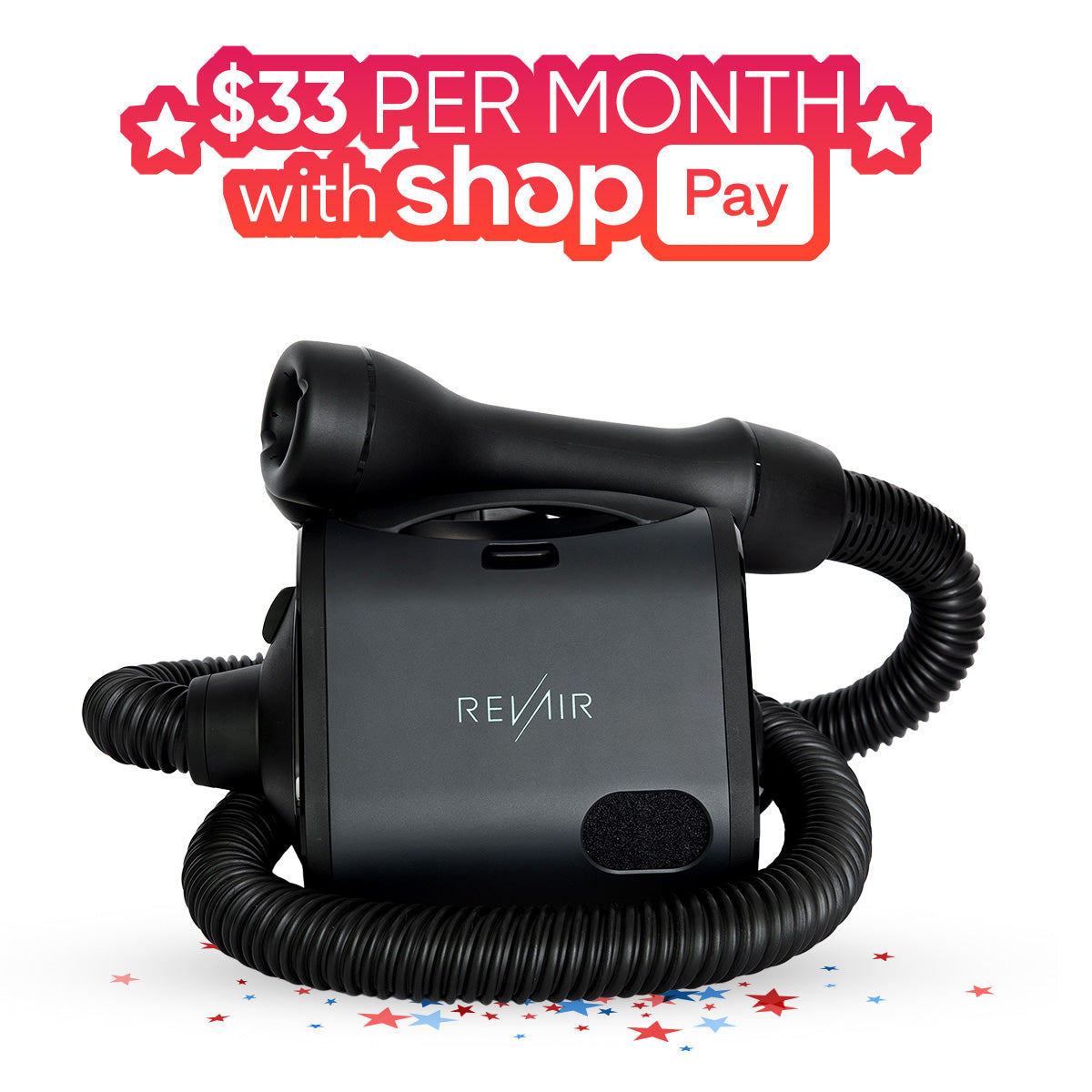 Revair hair dryer and hose set on a white background, with a red promotional badge at the top reading '$33 PER MONTH with shop Pay' and small red/blue stars near the bottom.
