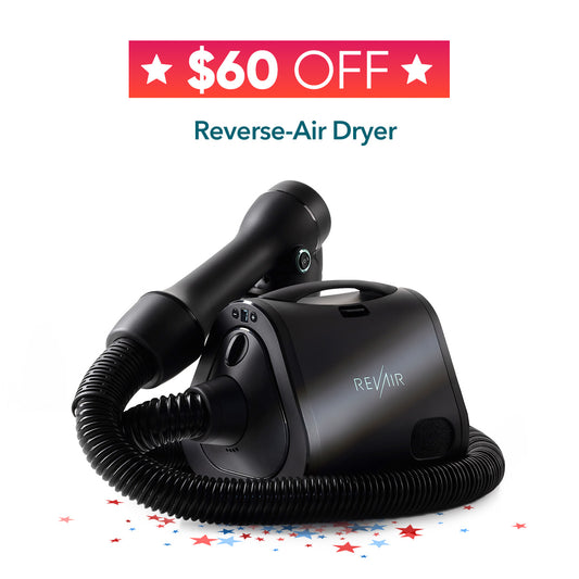 REVAIR reverse-air dryer with a flexible hose and handheld attachment, shown on a white background with a red '$60 OFF' banner and the text 'Reverse-Air Dryer'.