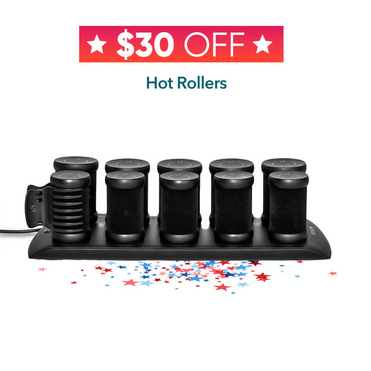hot rollers BY REVAIR in a charging or storage dock with a power cord, shown on a white background with a red '$30 OFF' banner and blue text above, plus red and blue star confetti near the base.