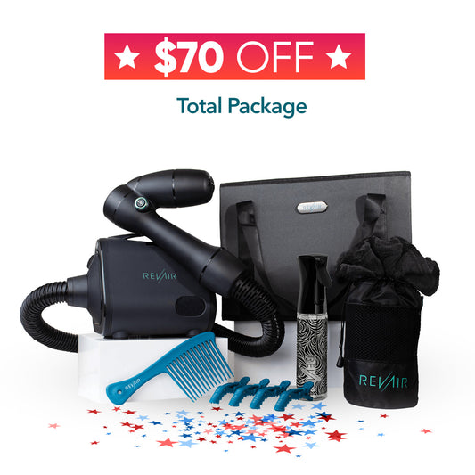 A hair styling kit bundle featuring a black REVAIR hair dryer and concentrator, a black gift box, a black spray bottle, a black drawstring pouch, a blue comb, and blue and black heat protectant sprayers, with a red '$70 OFF' banner at the top on a white background.