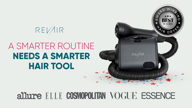 REVAIR smart hair dryer shown on a light gray background with promotional text, a circular award badge reading 'Award Winning Best in Class,' and logos for Allure, Elle, Cosmopolitan, Vogue, and Essence.