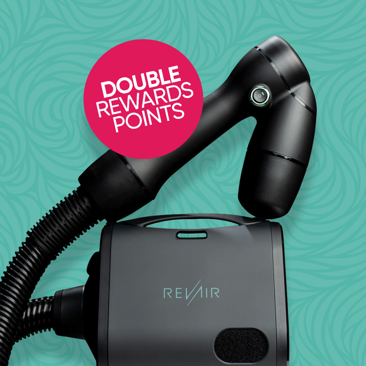 Black RevAir Reverse-Air Hair Dryer on a teal background, featuring 'Revair' branding and a pink 'Double Rewards Points' label.