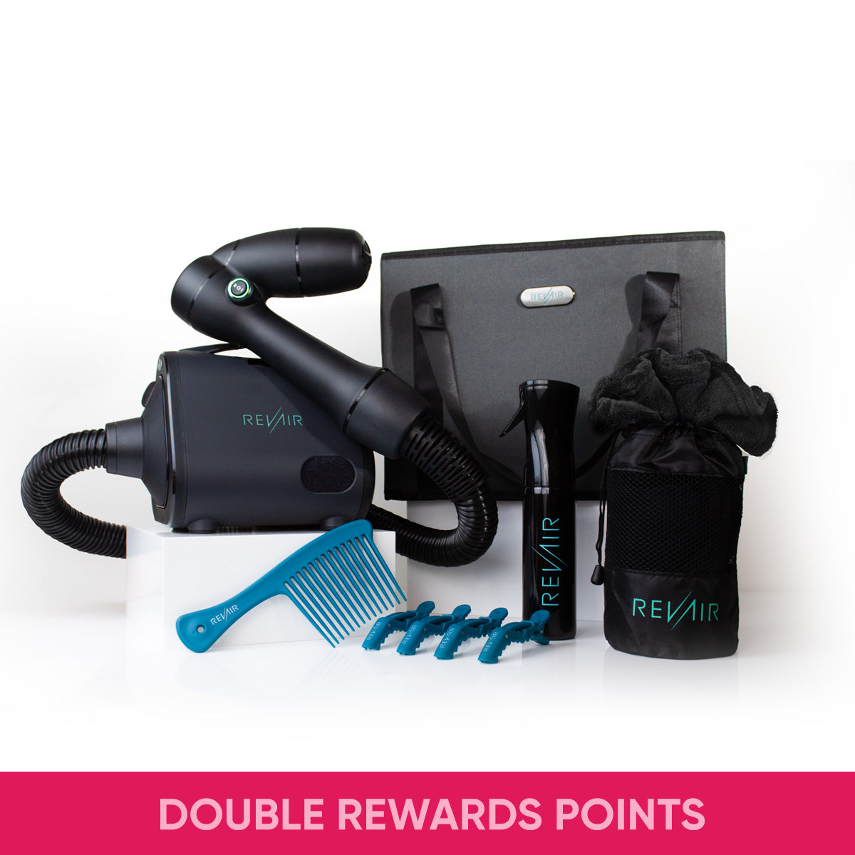 RevAir Reverse-Air Hair Dryer and accessories including a hair dryer, comb, and attachments on a white background with 'REVAIR' branding.
