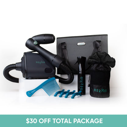 RevAir Reverse-Air Hair Dryer with accessories and REVAIR branding on a white background