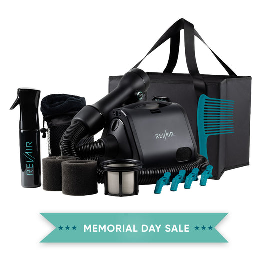 RevAir reverse-air hair dryer and total package accessories with badge: memorial day sale