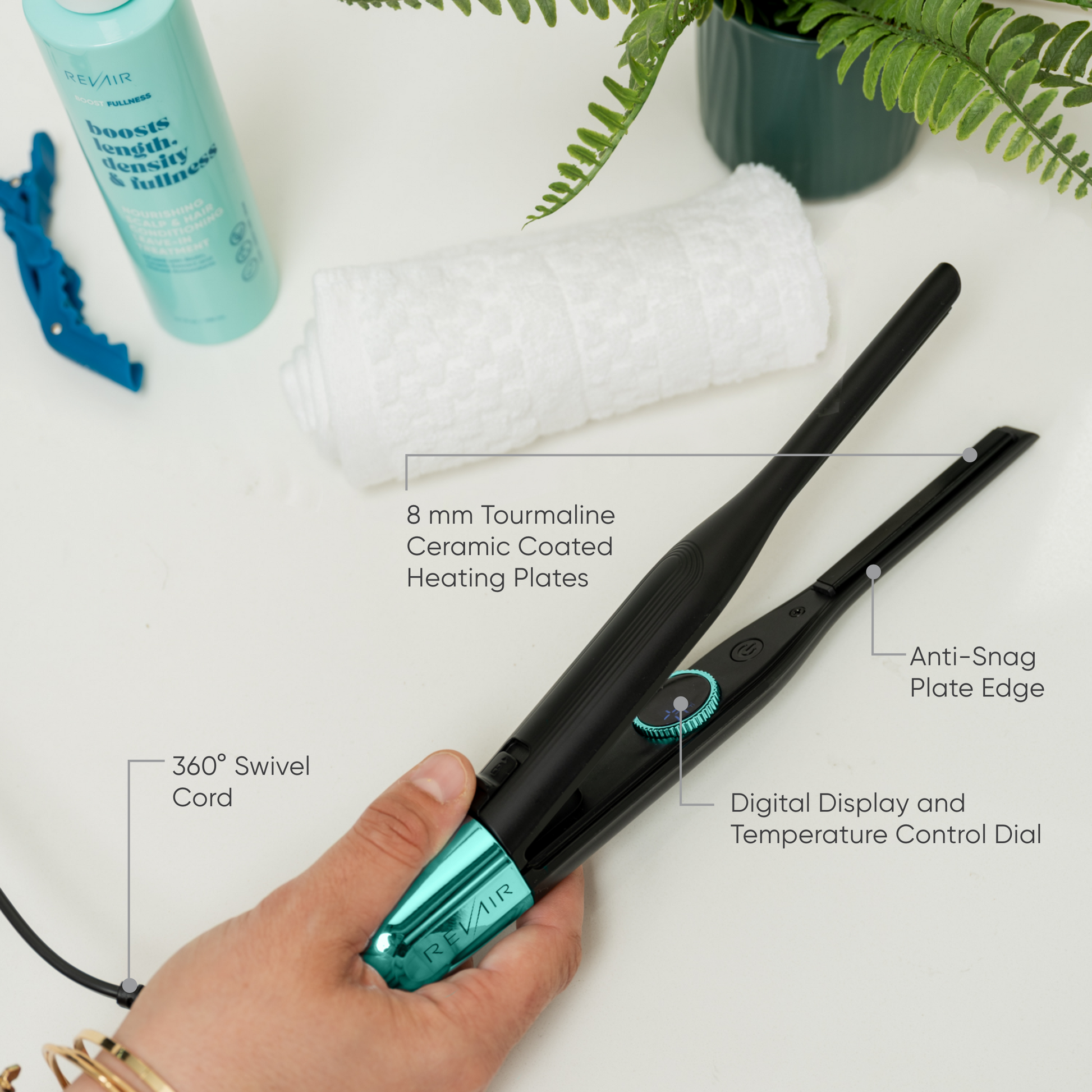 RevAir Micro Edge Styler detail view with labeled features including 8mm ceramic plates, anti-snag edge, digital temperature display, and 360° swivel cord.