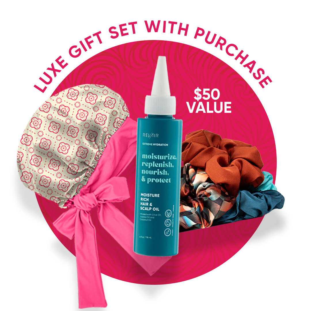 RevAir Scalp Oil bottle, Curlentines bonnet, and satin scrunchies as a Luxe Gift Set with purchase. $50 value