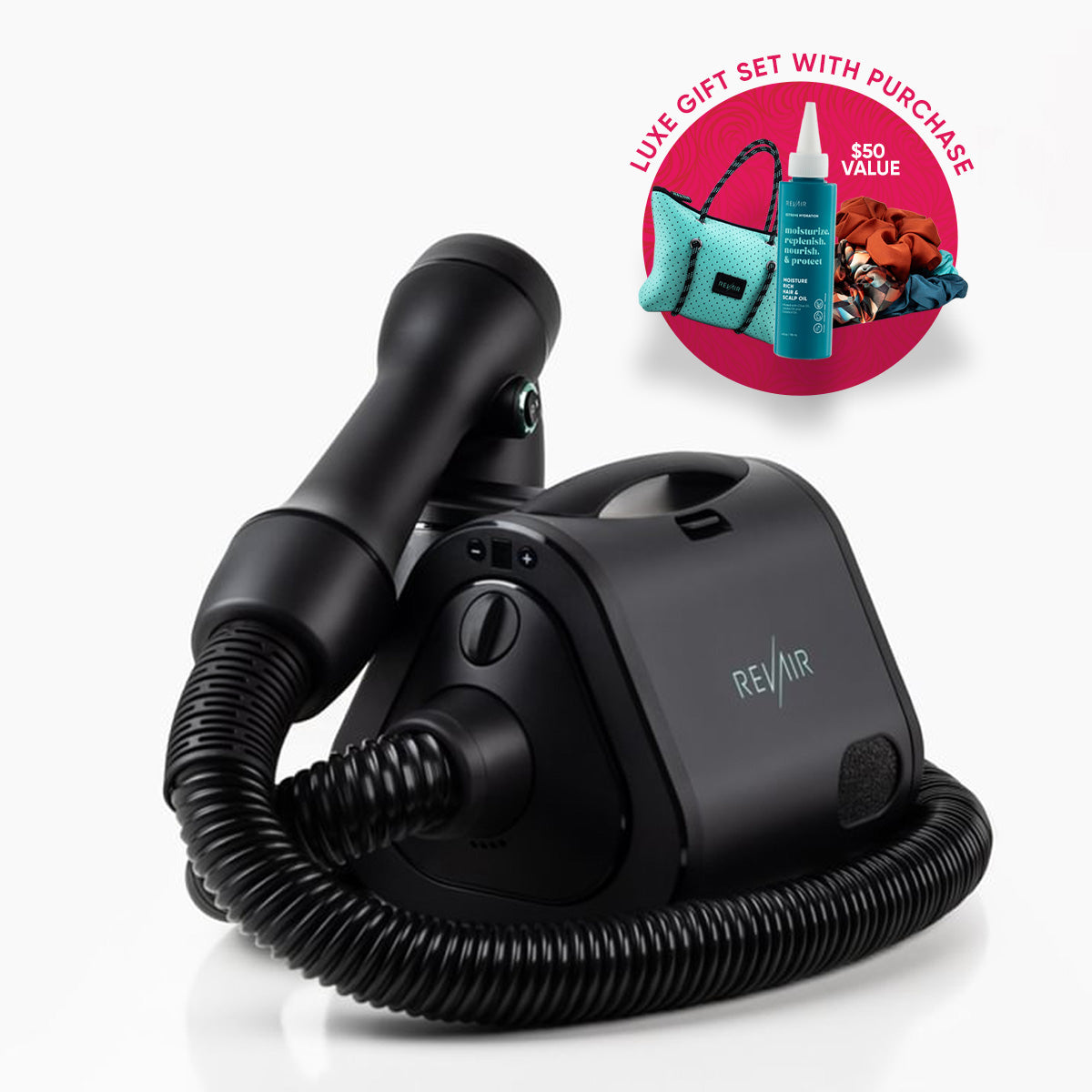Black REVAIR hair dryer with promotional text overlay on a white background