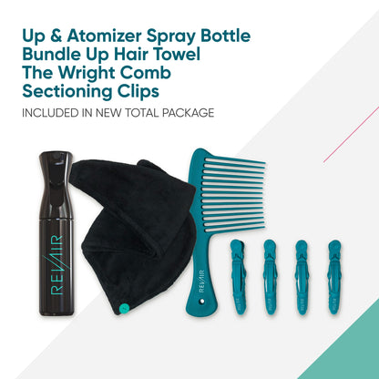 up & atomizer spray bottle, bundle up hair towel, the wright comb, sectioning clips, included in total package