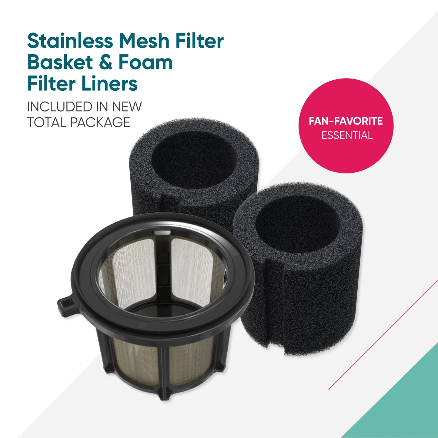stainless mesh filter basket & foam filter liners included in new total package Fan-Favorite essential