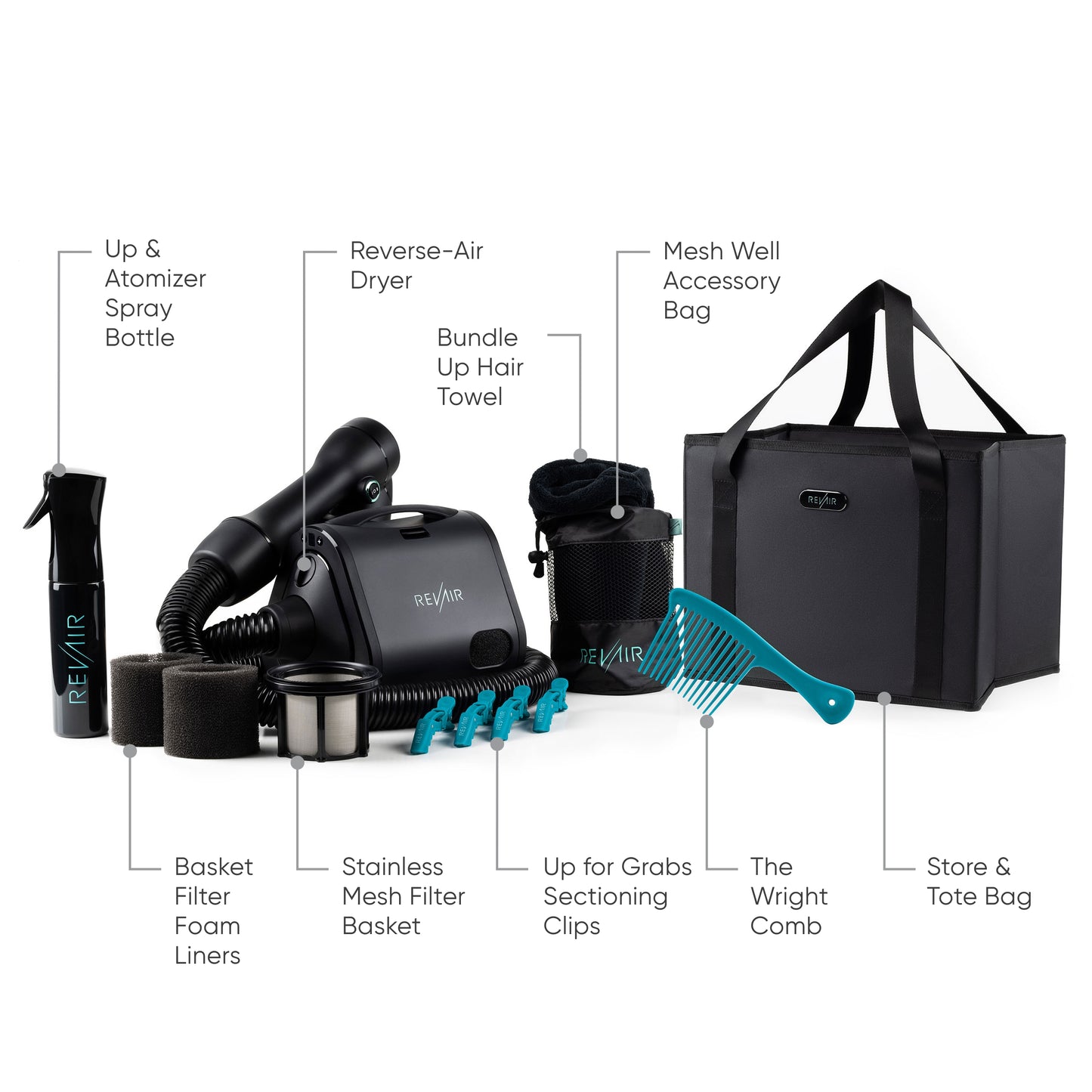 includes: spray bottle, RevAir dryer, hair towel, accessory bag, foam liner, mesh filter, sectioning clips, comb, store & tote bag