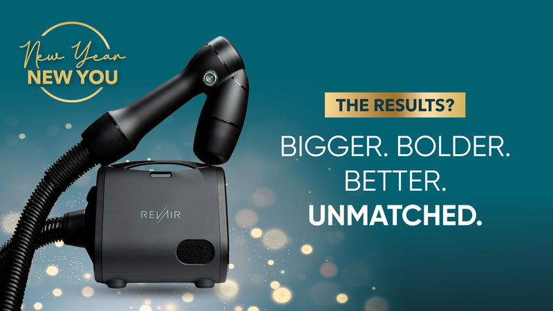 RevAir hair dryer with text New Year New You, the results? Bigger, bolder, better, unmatched.