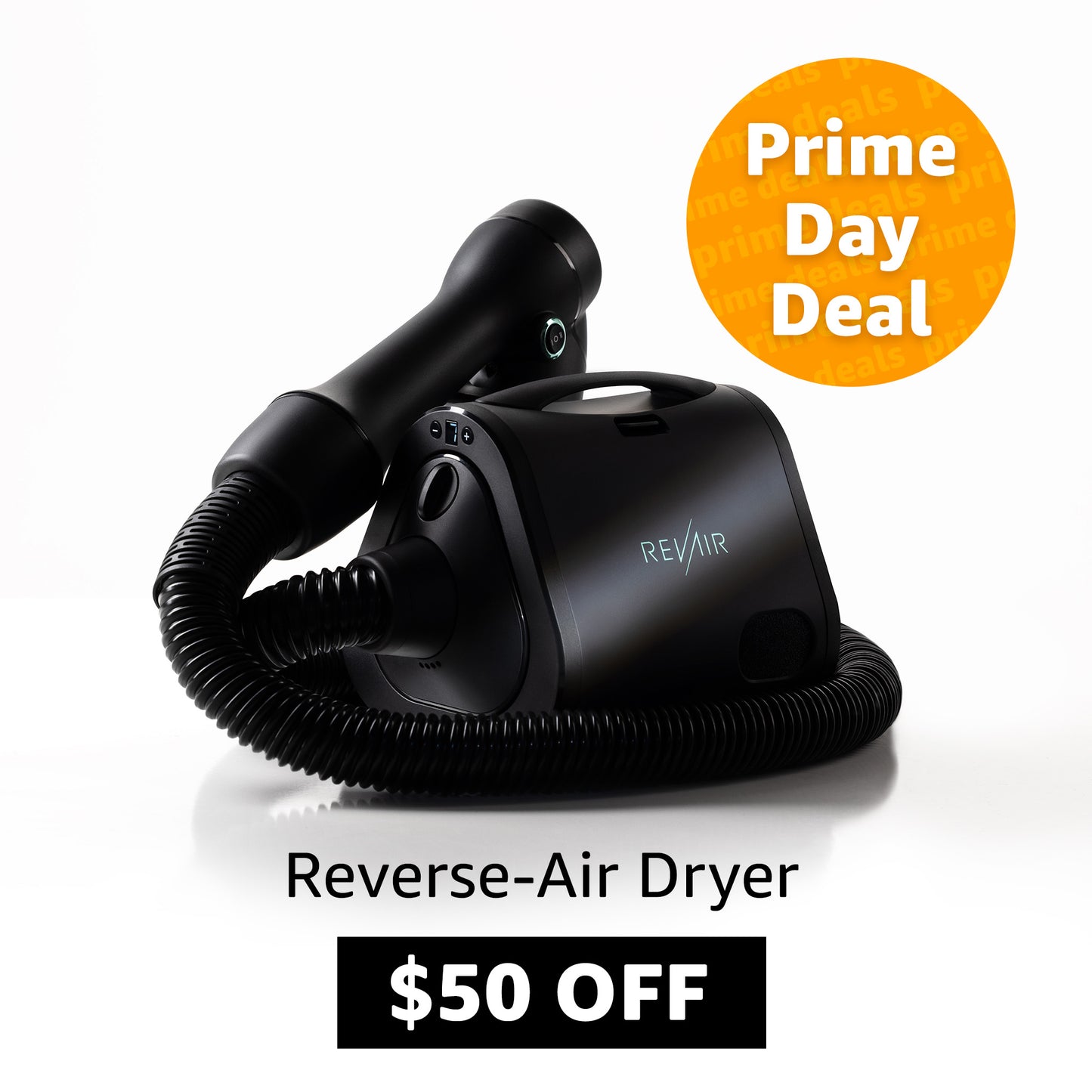 RevAir reverse-air dryer with coiled hose on a white background, featuring 'Prime Day Deal' and $50 off text.