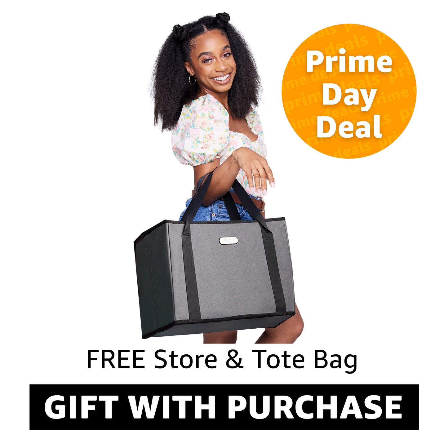 Woman holding a black tote bag with 'Prime Day Deal' and promotional text on a white background