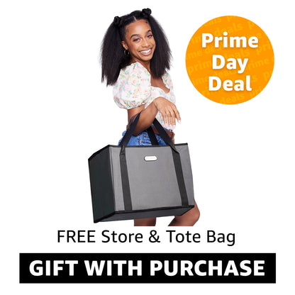 Woman holding a black tote bag with 'Prime Day Deal' and promotional text on a white background