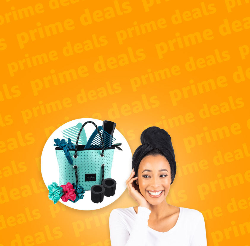 Woman next to a RevAir sidekick tote with scrunchies and other accessories