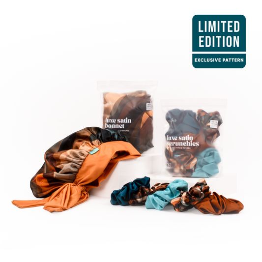 Limited edition satin bonnet and scrunchies set on a white background