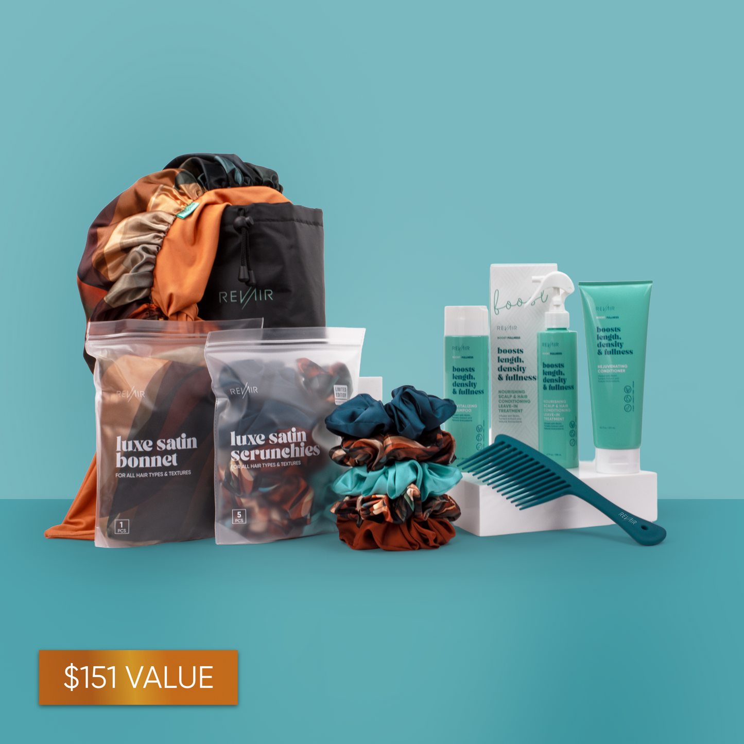 Collection of hair care products including scrunchies, bonnet, and bottles on a teal background with $151 Value text.