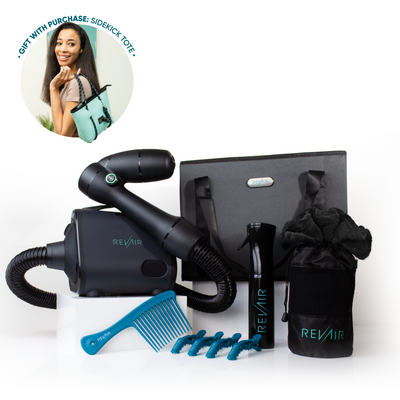 RevAir Total Package bundle featuring Reverse-Air Dryer, Store & Tote Bag, Continuous Mist Spray Bottle, Mesh Well Accessory Bag, Bundle Up Hair Towel, The Wright Comb, and Up for Grabs Sectioning Clips.