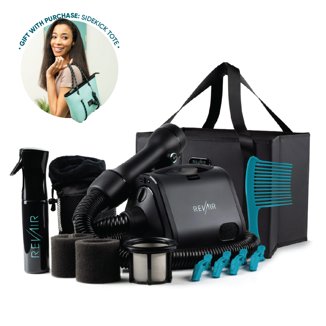 RevAir Reverse-Air hair dryer, shown with badge: gift with purchase sidekick tote bag included