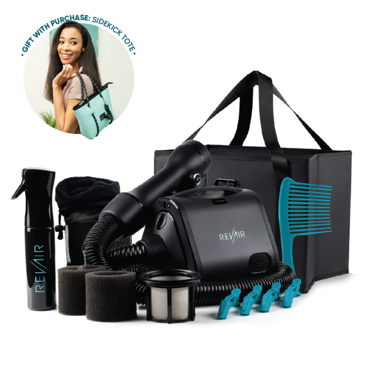 RevAir Reverse-Air hair dryer, shown with badge: gift with purchase sidekick tote bag included